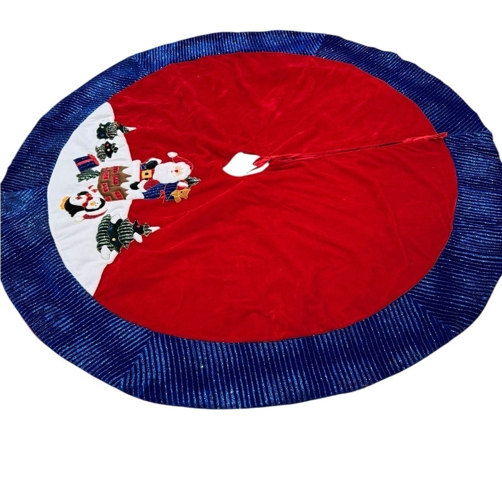 Velvet Christmas Tree Skirt With Santa and Toys Sparkly Blue Trim 42 inch - Picture 3 of 6